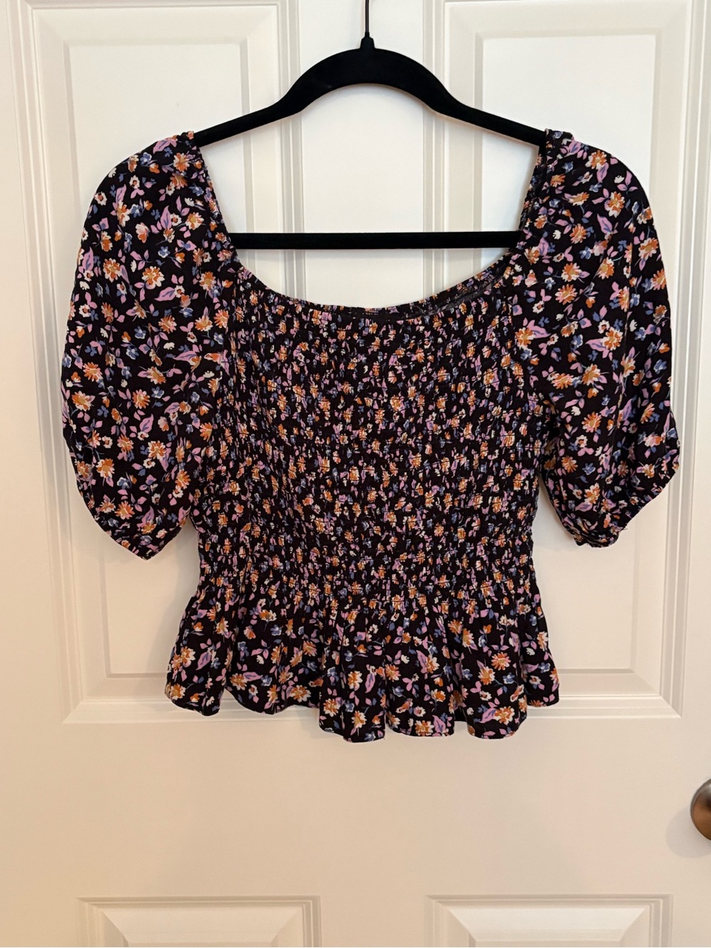 New Look Black Floral Smocked Puff-Sleeve Top with Purple and Orange Flowers